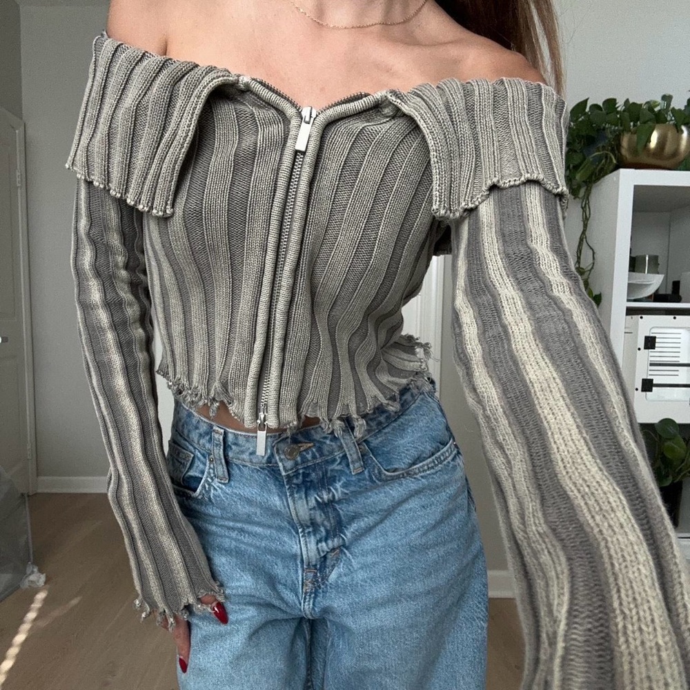 Zara grey zip up acid wash & distressed off the the shoulder
